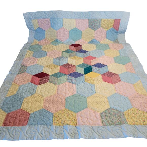 Handmade Hexagon Patchwork Quilt 51x39 Vintage Pastel 1990 Baby Lap Throw - Picture 3 of 16